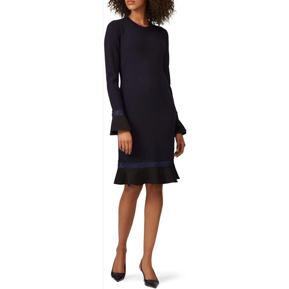 Tory Burch Navy Blue Merino Wool Lace Trim Bell Sleeve Ruffle Sweater Dress L